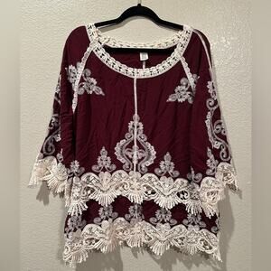 Indigo Thread Co Maroon Lace Embroidered Bohemian Top Sz XL